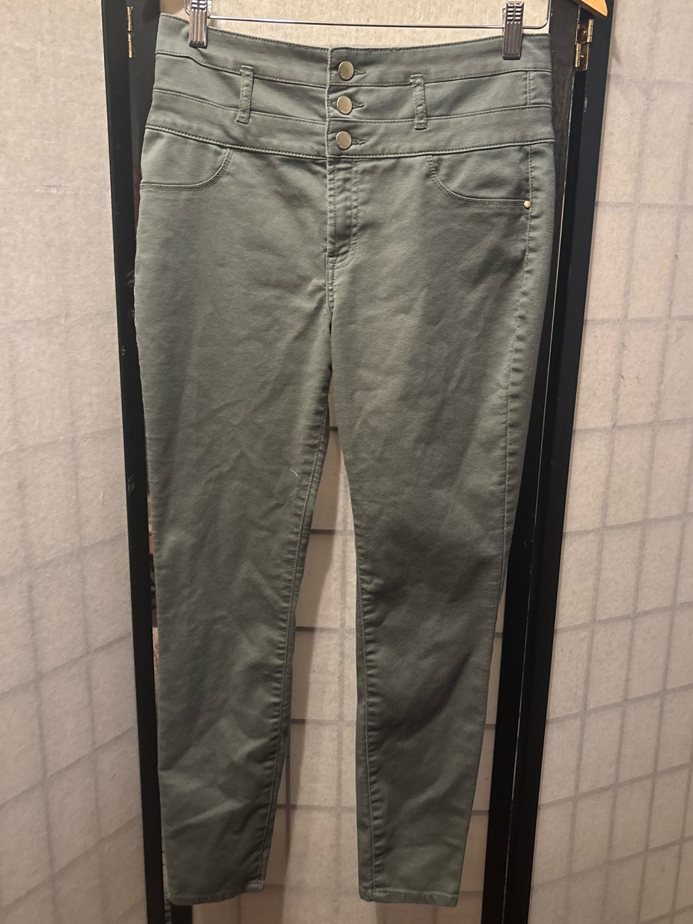 REFUGE Olive Green Button Front Skinny Cargo Vibes Pants Jeans, Stretch